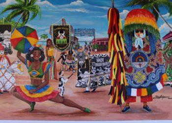 Artista plástico pernambucano faz tela com homenagem ao receptivo Caminho da Barra e ao Bumba Meu Boi do mestre Eurico.