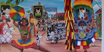 Artista plástico pernambucano faz tela com homenagem ao receptivo Caminho da Barra e ao Bumba Meu Boi do mestre Eurico.